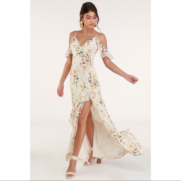 Lulus Dresses & Skirts - NWOT Lulus Shadow Blooms Cream Floral Print Ruffled Maxi Dress XS Small